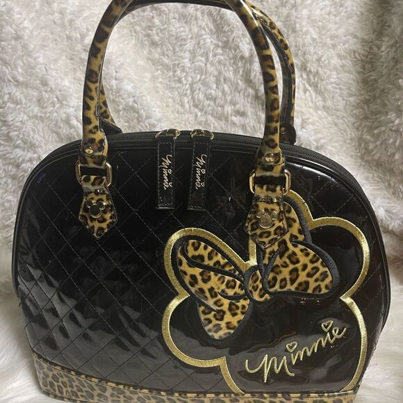 Loungefly Disney Minnie Mouse Dome Satchel synthetic patent black& leopard print - Picture 16 of 16